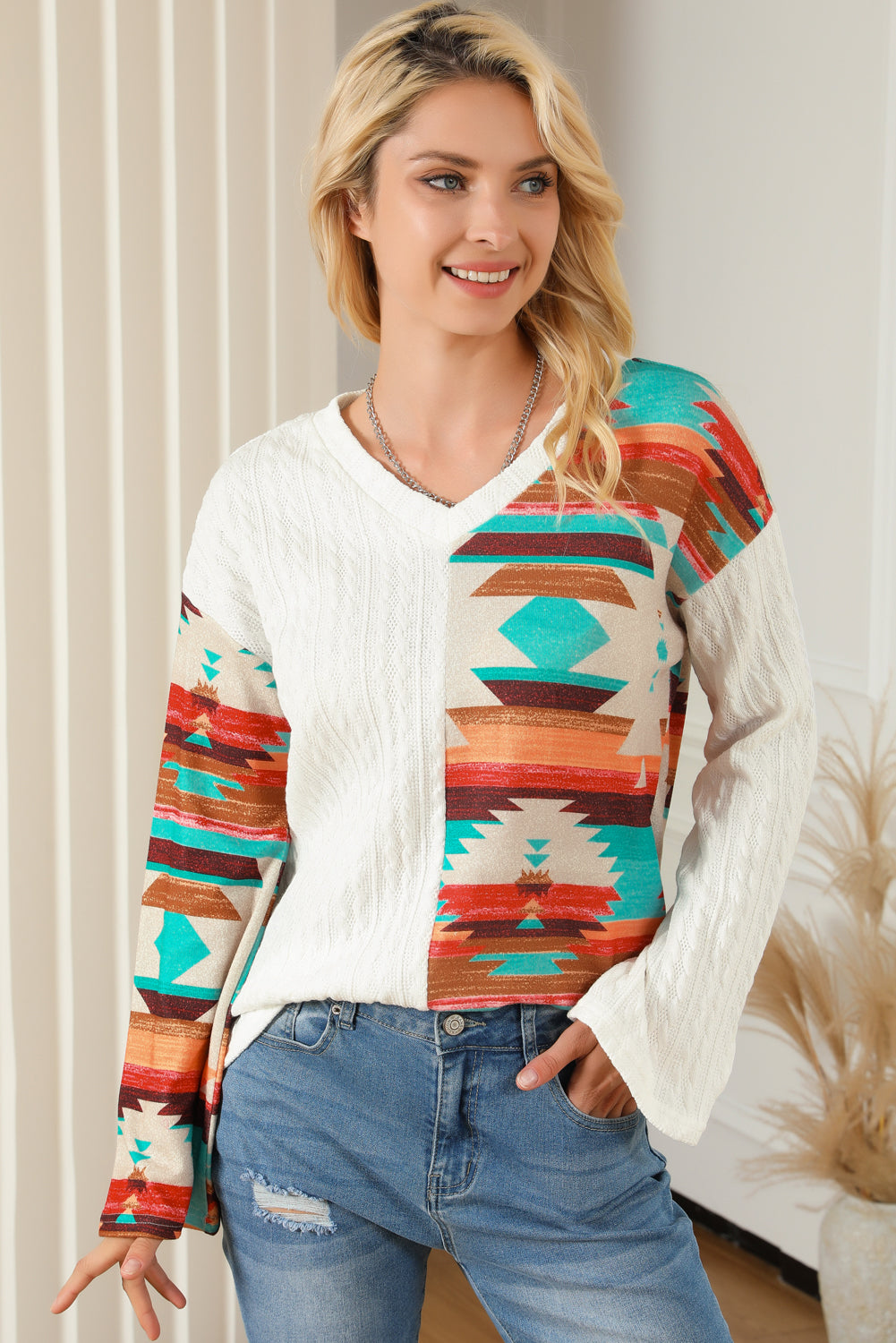 Beige Western Aztec Patch Textured Knit Top