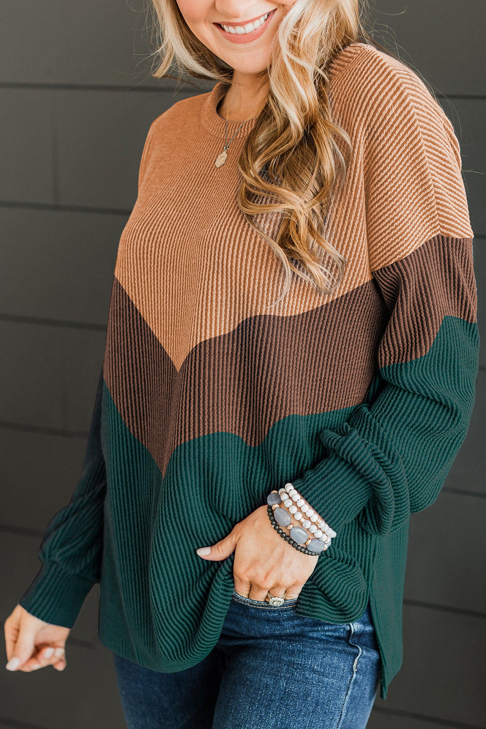 Blackish Green Color Block Corded Texture Long Sleeve Top