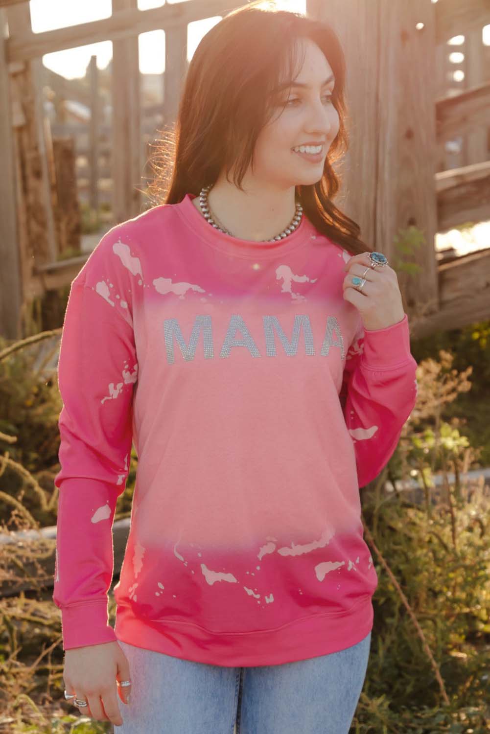 Pink Mama Rhinestone Letter Graphic Tie Dye Pullover