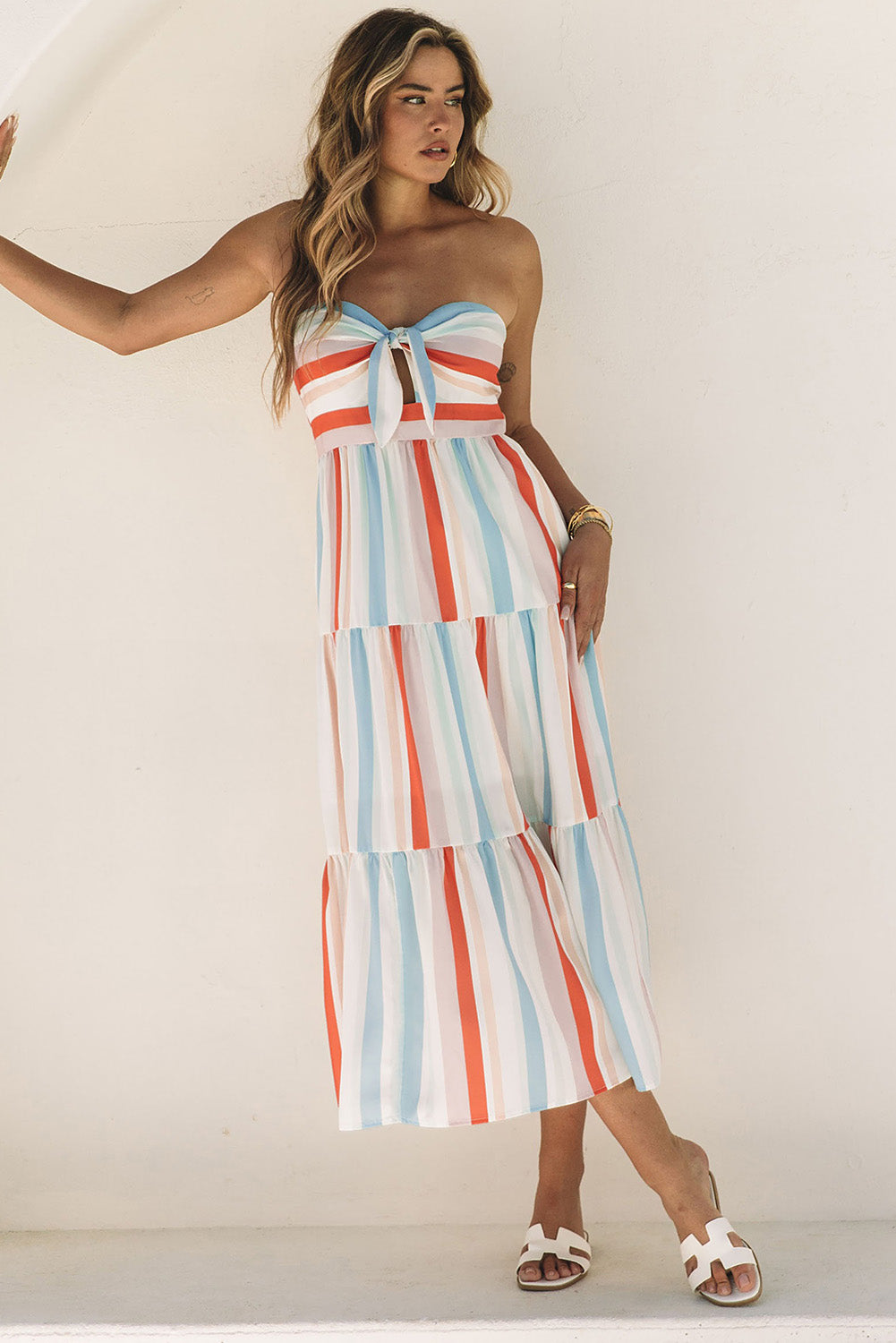 Multicolor Striped Tie Decor Strapless Tiered Maxi Dress