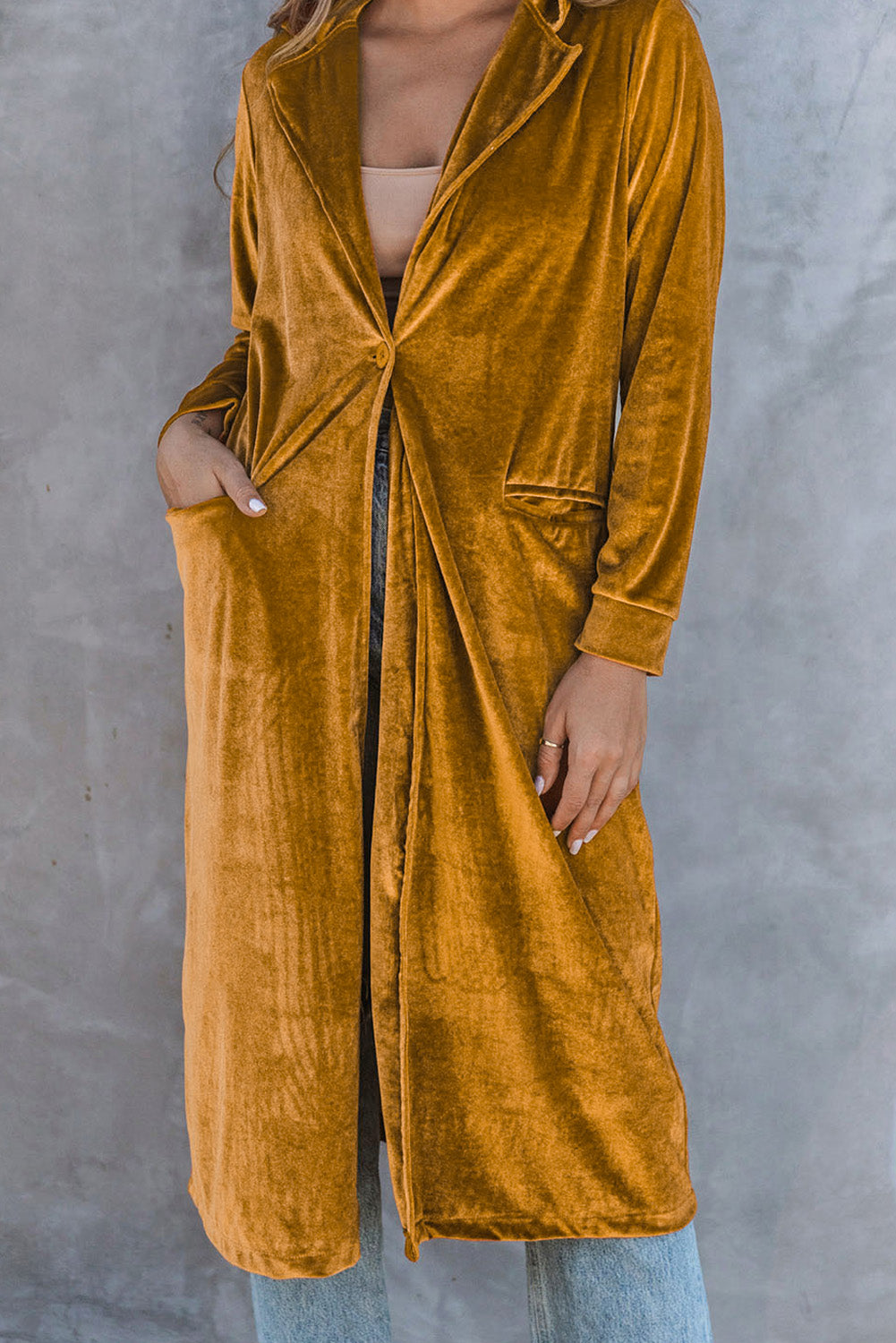 Brown Retro Velvet Long Sleeve Pocket Coat