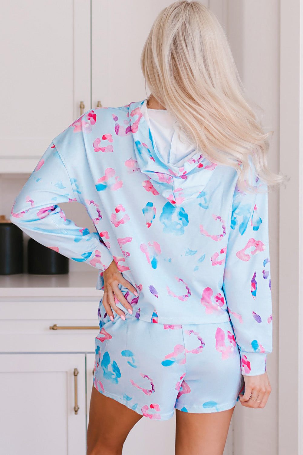 Sky Blue Leopard Print Hoodie and Shorts Set