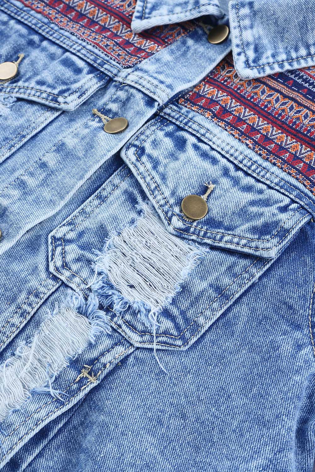 Sky Blue Distressed Tribal Patch Denim Jacket