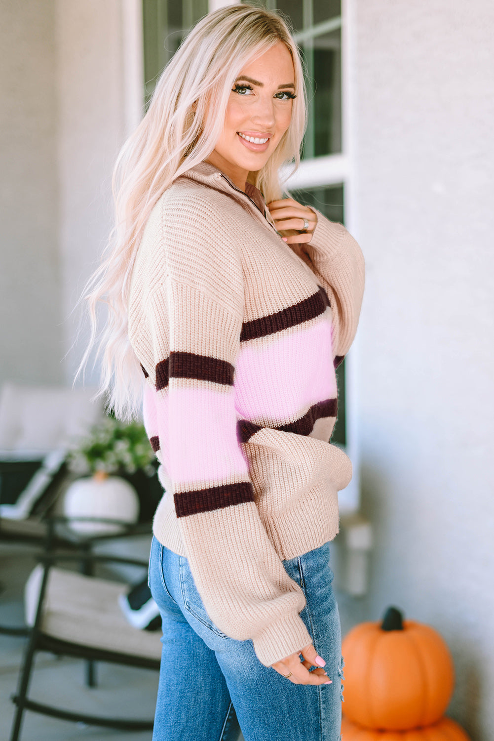 Apricot Striped Color Block Knit Zip Collared Sweater