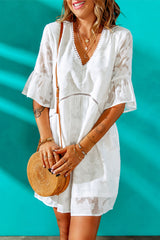 White Textured Pom Pom Trim V Neck Mini Dress