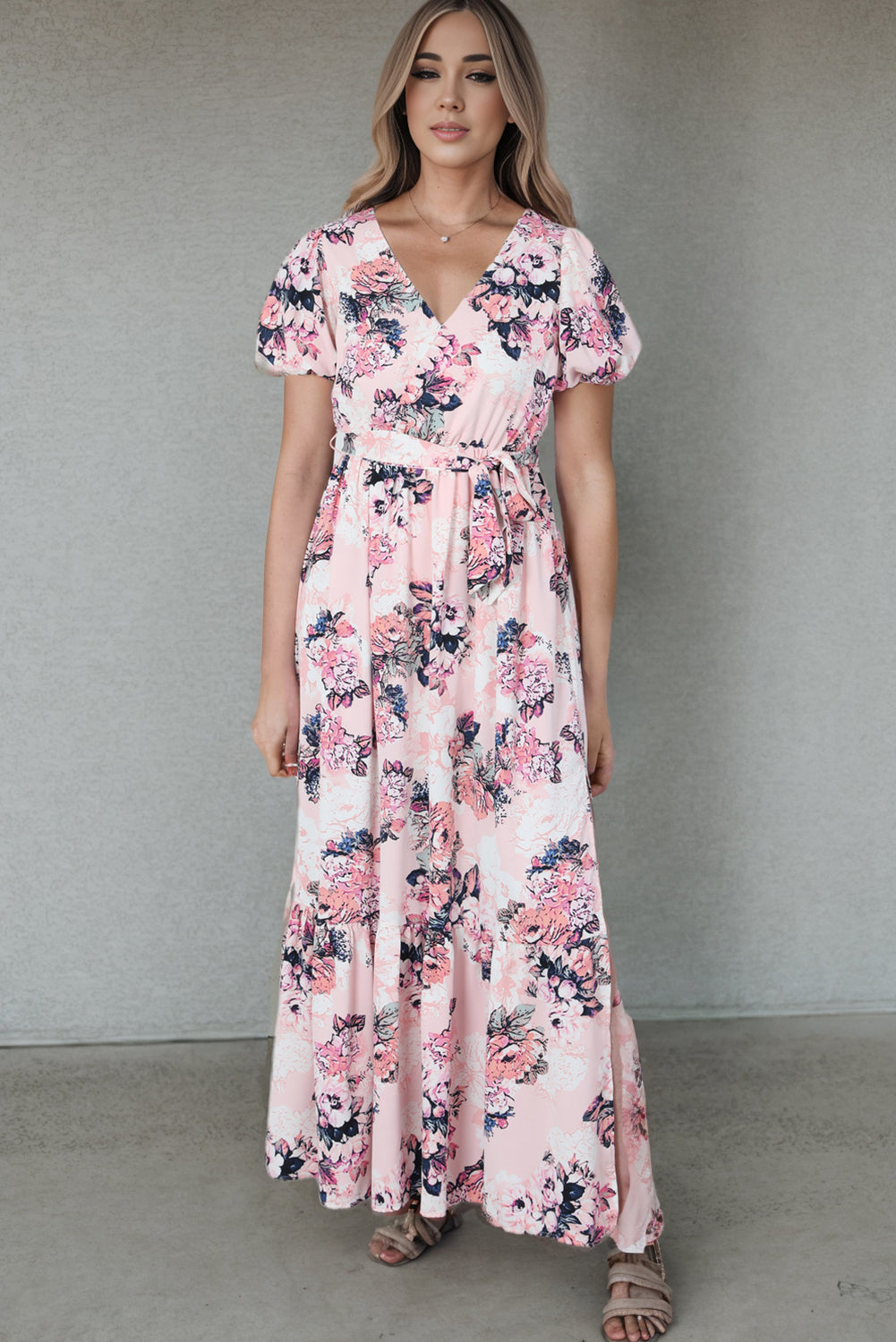 Pink Floral Puff Sleeve High Waist Maxi Dress