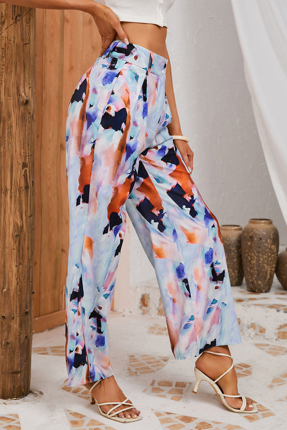 Multicolor Abstract Print High Waist Wide Leg Pants