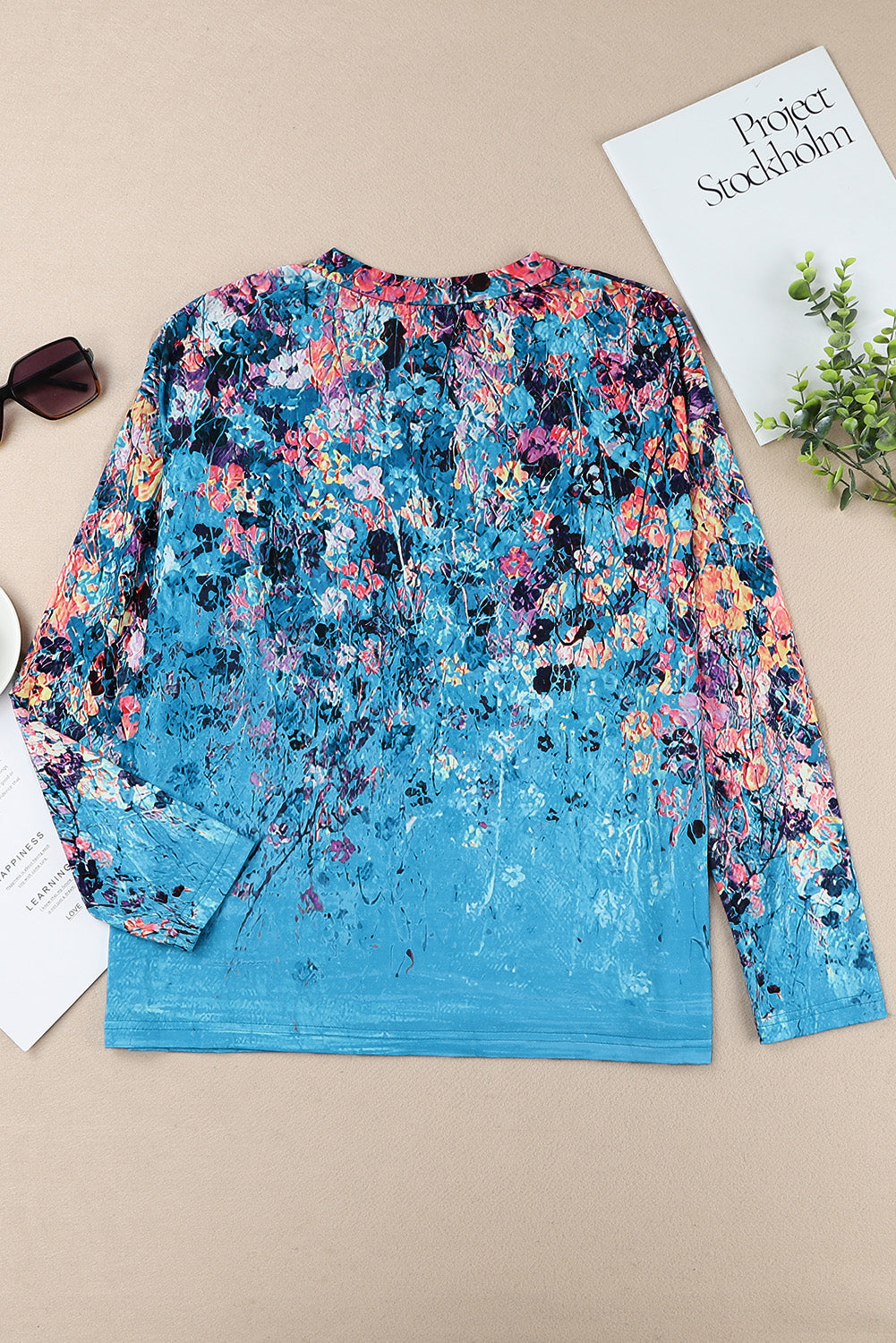Blue Floral Print V Neck Long Sleeve Top