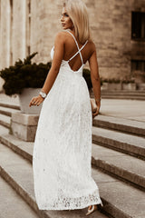 White Floral Lace Open Back Maxi Party Dress