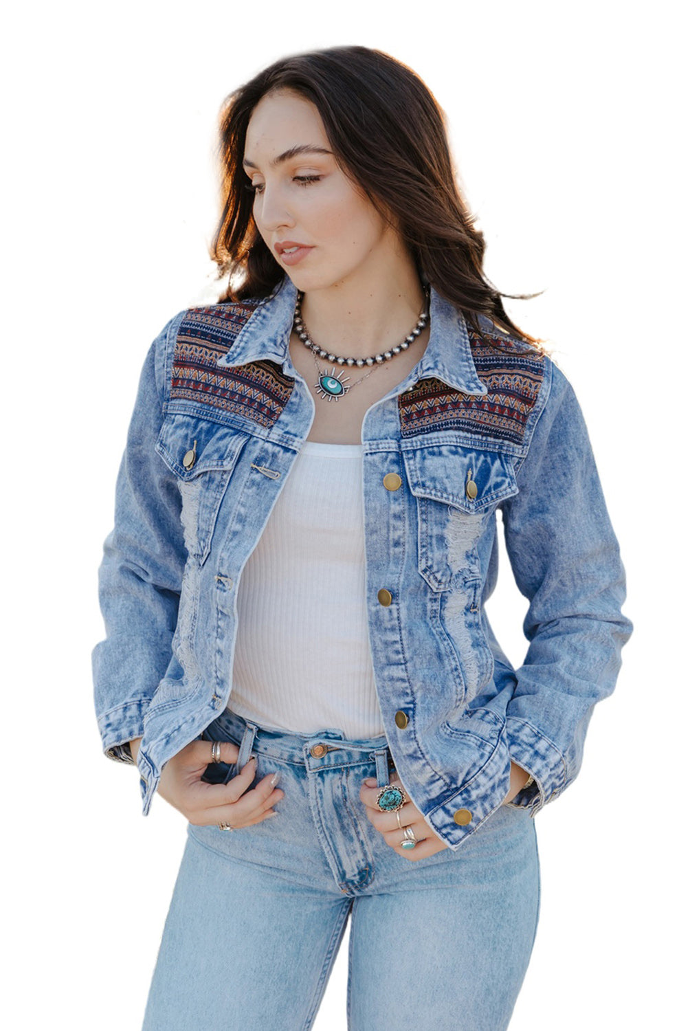 Sky Blue Distressed Tribal Patch Denim Jacket