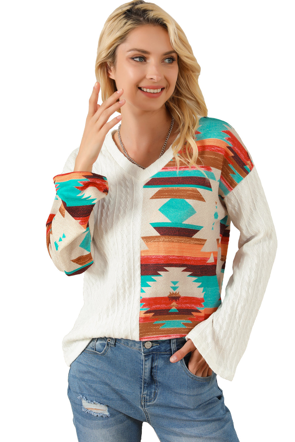 Beige Western Aztec Patch Textured Knit Top