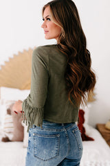 Green Cross-over Fringe Crop Top