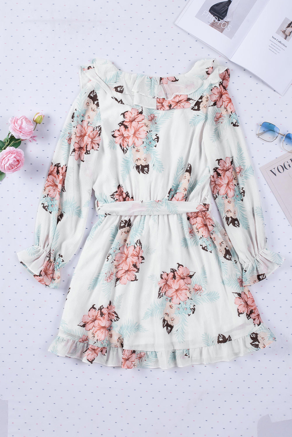 Ruffled V Neck Long Sleeve Floral Dress