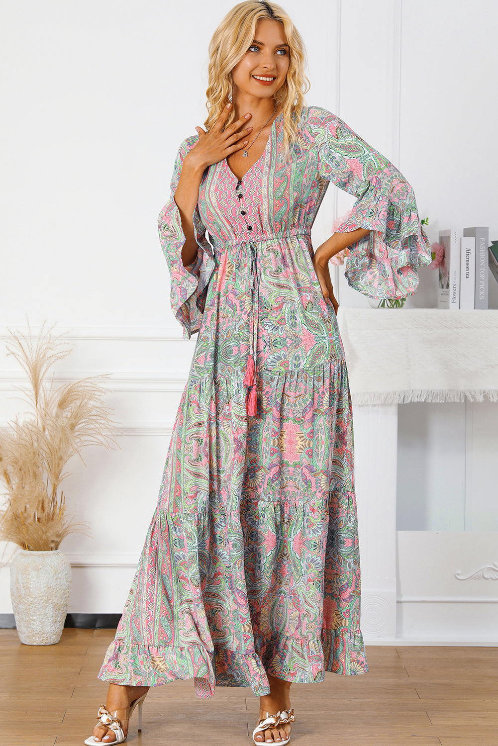 Green Paisley Printed Ruffle Trim Elegant Maxi Dress