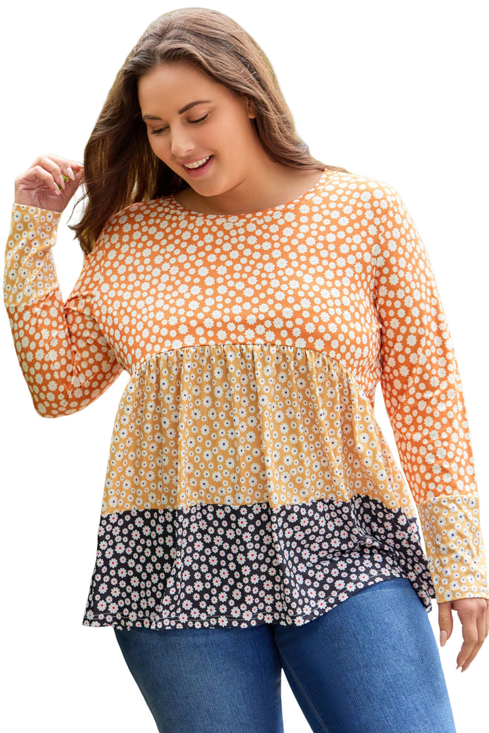 Orange Plus Size Colorblock Blooming Daisy Long Sleeve Flowy Top