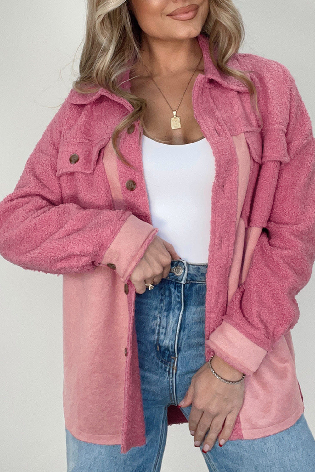 Pink Colorblock Buttoned Flap Pocket Sherpa Shacket