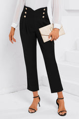 Black Double Breasted Pleated Casual Cropped Pants