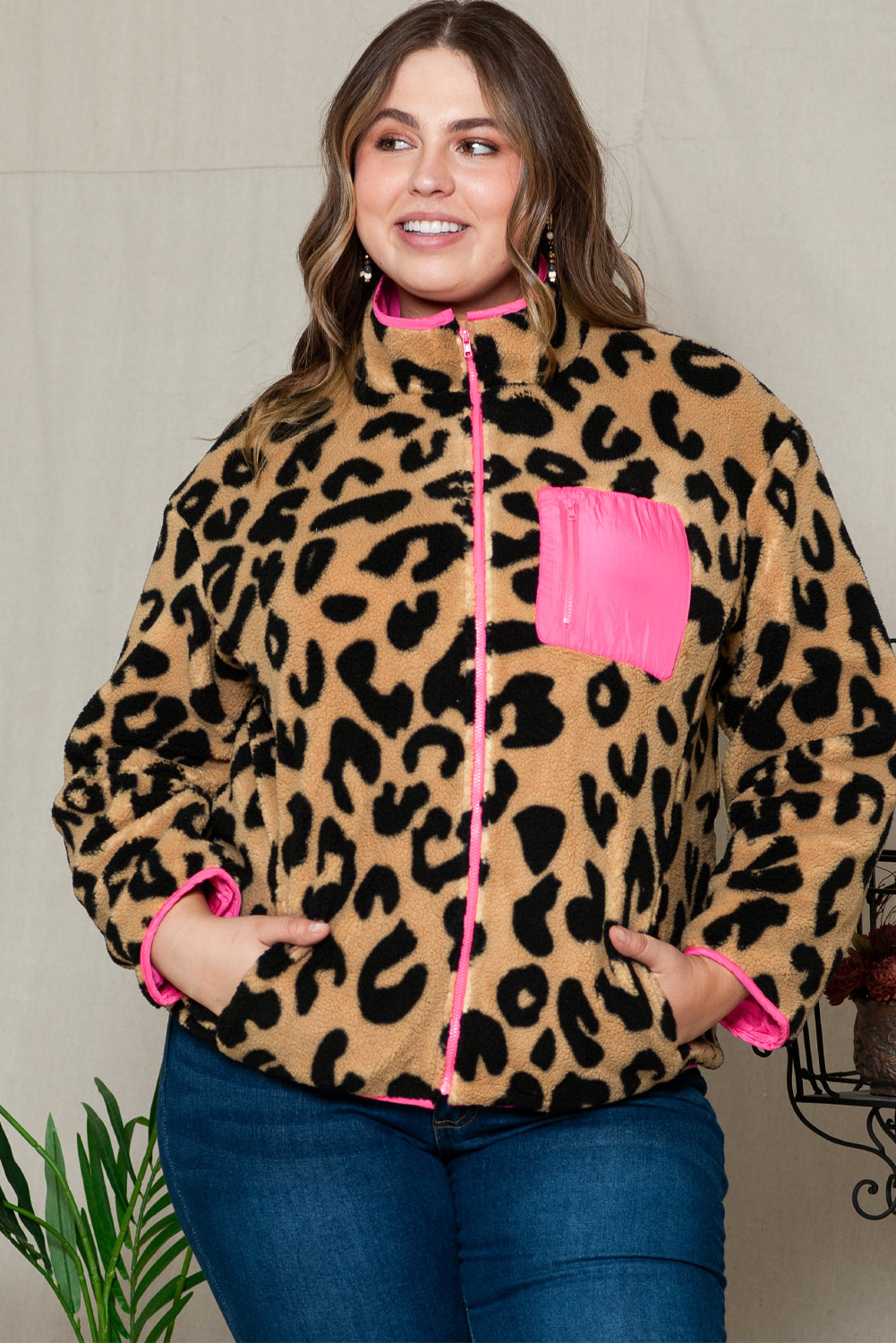 Leopard Colorblock Pocket Zipper Fuzzy Fleece Jacket