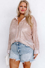 Apricot Sequin Long Sleeve Button-Up Plus Size Shirt