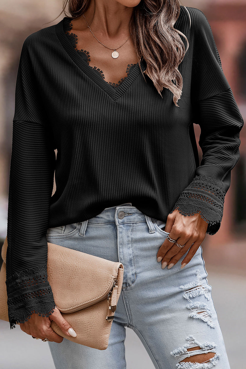 White Ribbed Texture Lace Trim V Neck Long Sleeve Top