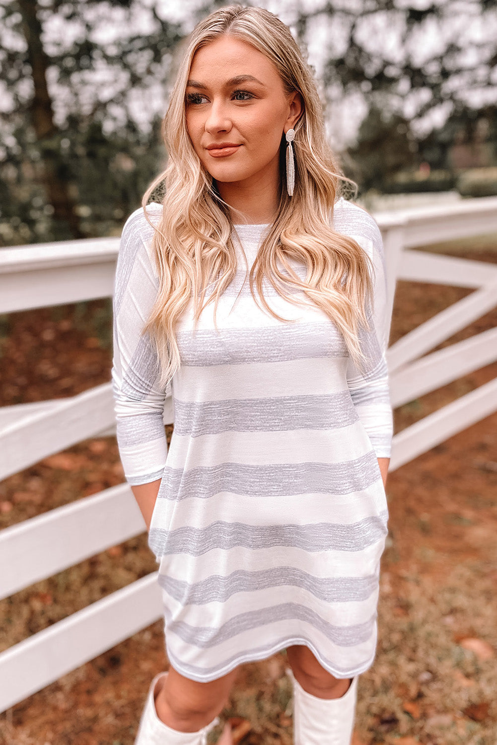 Stripe Loose Fit Pocketed Long Sleeve Mini Dress