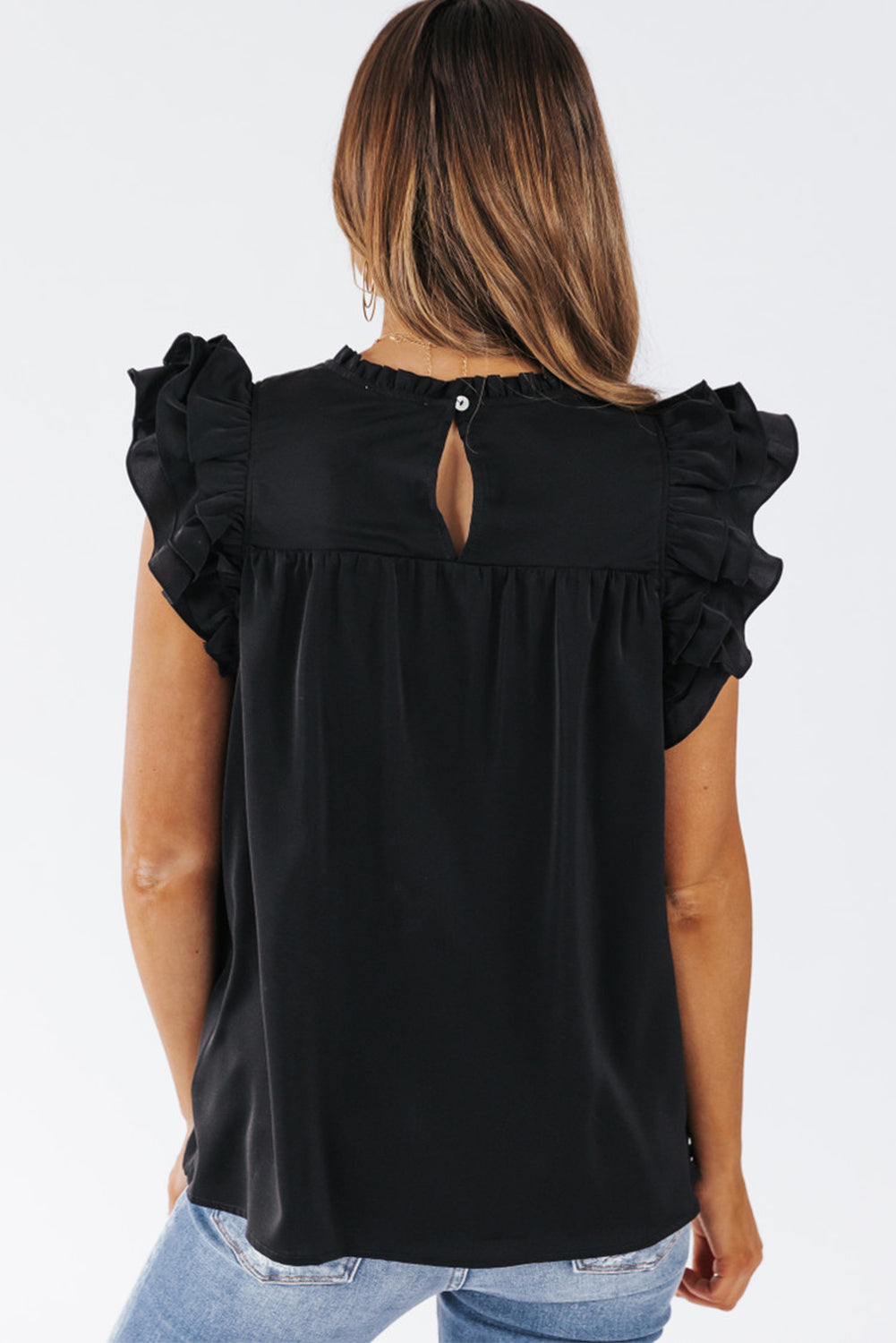 Black Ruffle Sleeve Pleated Yoke Loose Top