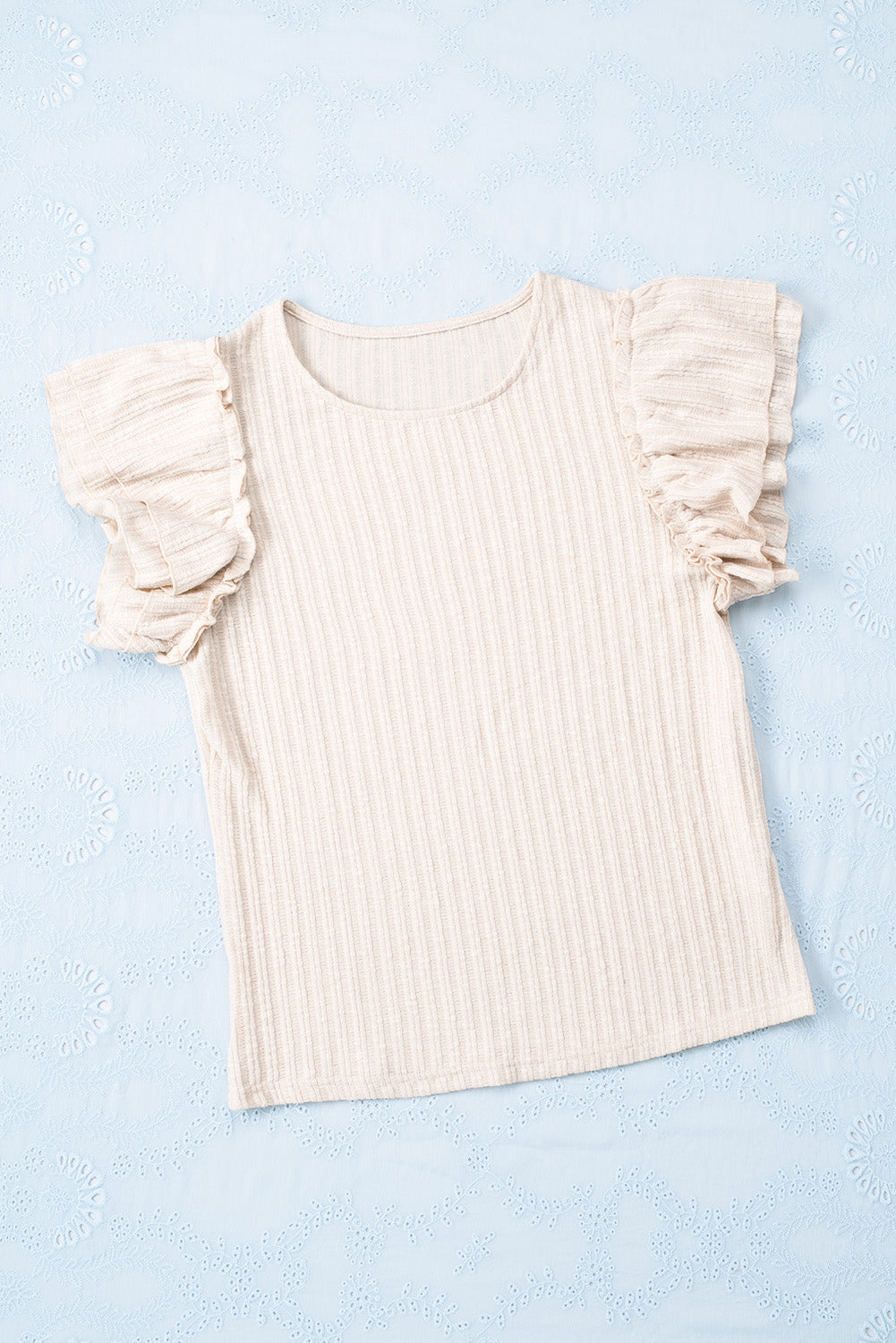 Beige Ruffled Rib Knitted Short Sleeve T Shirt