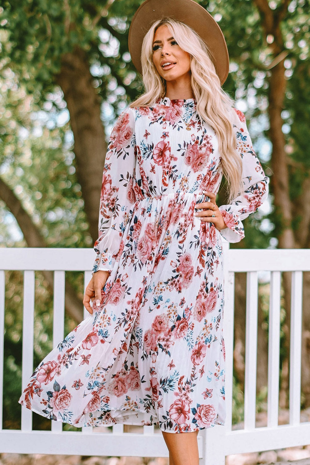 Beige Floral Print Puffy Sleeve Ruffled Midi Dress