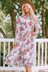 Beige Floral Print Puffy Sleeve Ruffled Midi Dress