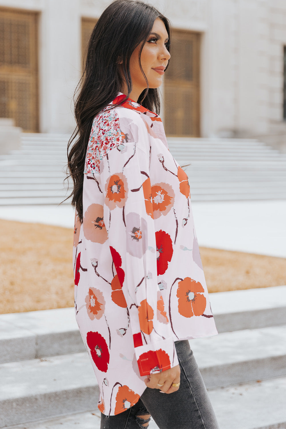 Red Floral Patchwork Buttoned Shirt with Pocket