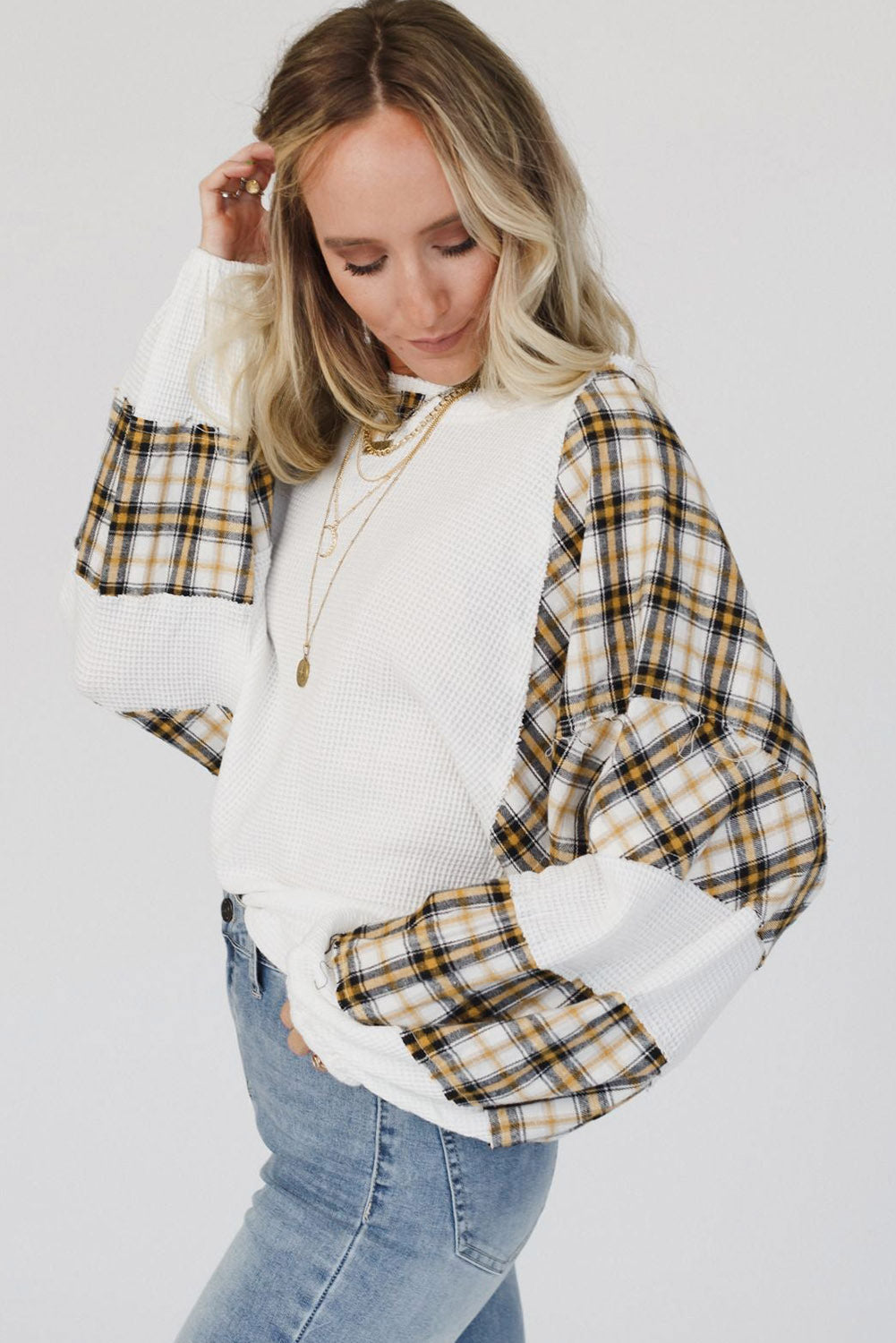 Green Plaid Patch Waffle Knit Exposed Seam Bubble Sleeve Top