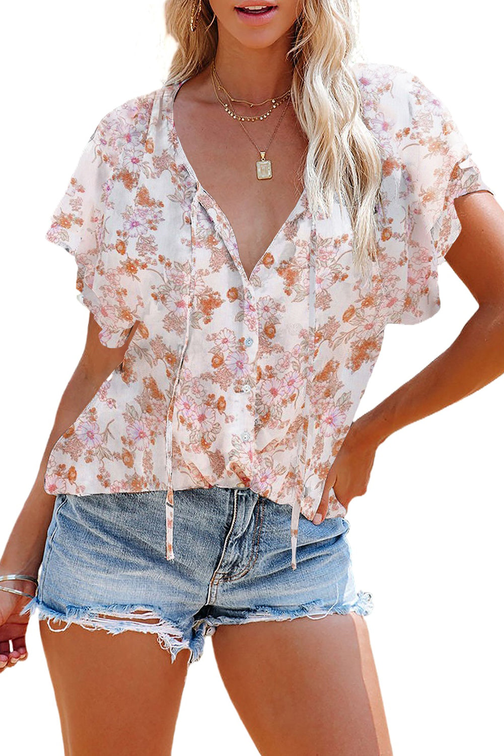 White Floral Print Drape V Neck Short Sleeve Blouse