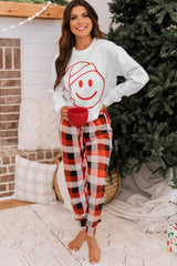 White Christmas Smile Face Print Top and Plaid Pants Lounge Set