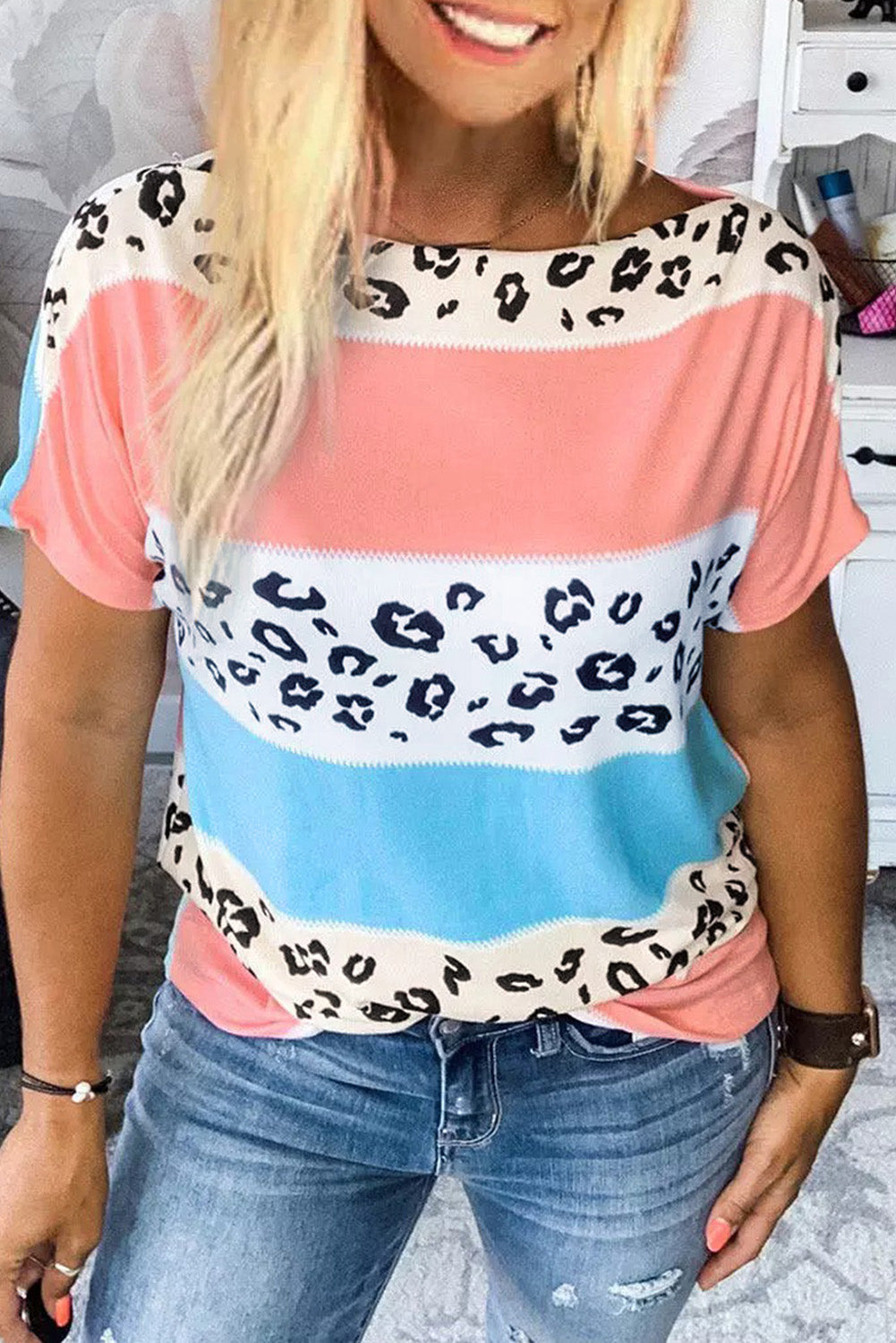 Leopard Color Block Short Sleeve Top