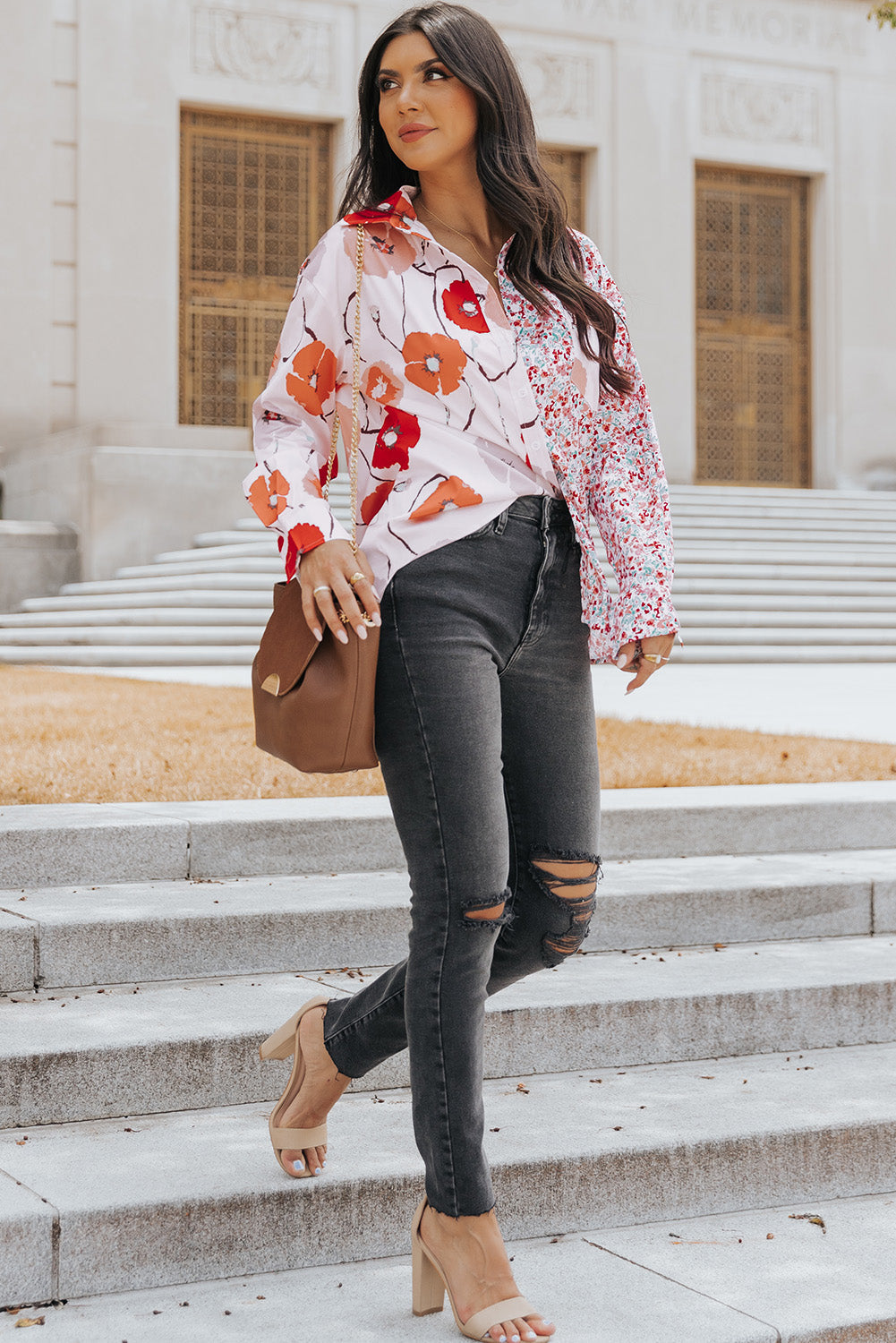 Red Floral Patchwork Buttoned Shirt with Pocket