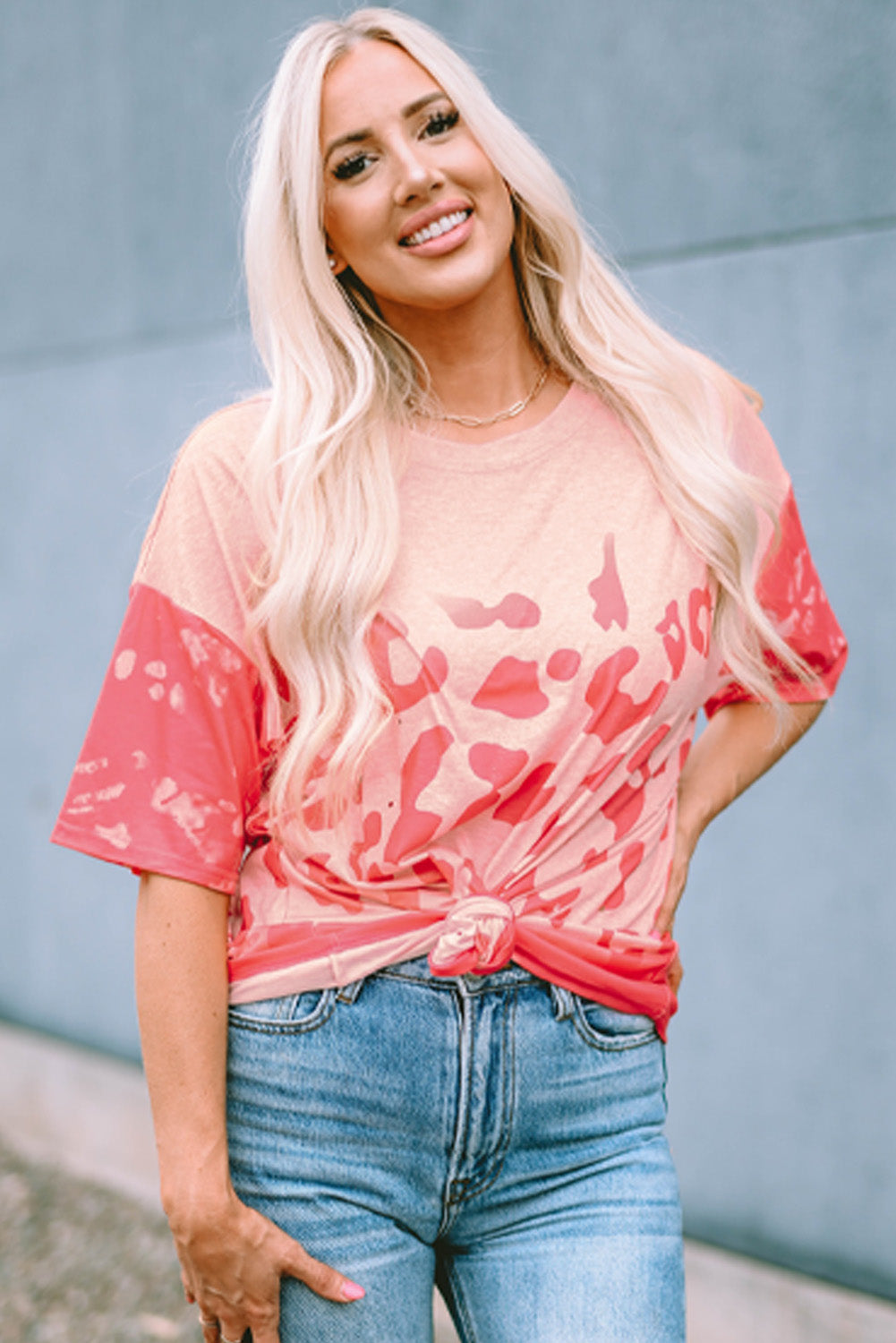 Pink Leopard Bleached Boyfriend T Shirt with Holes