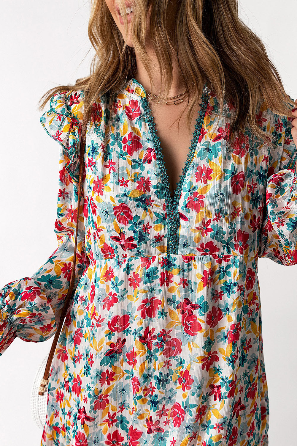 Green Ruffled Lace V Neck Floral Dress