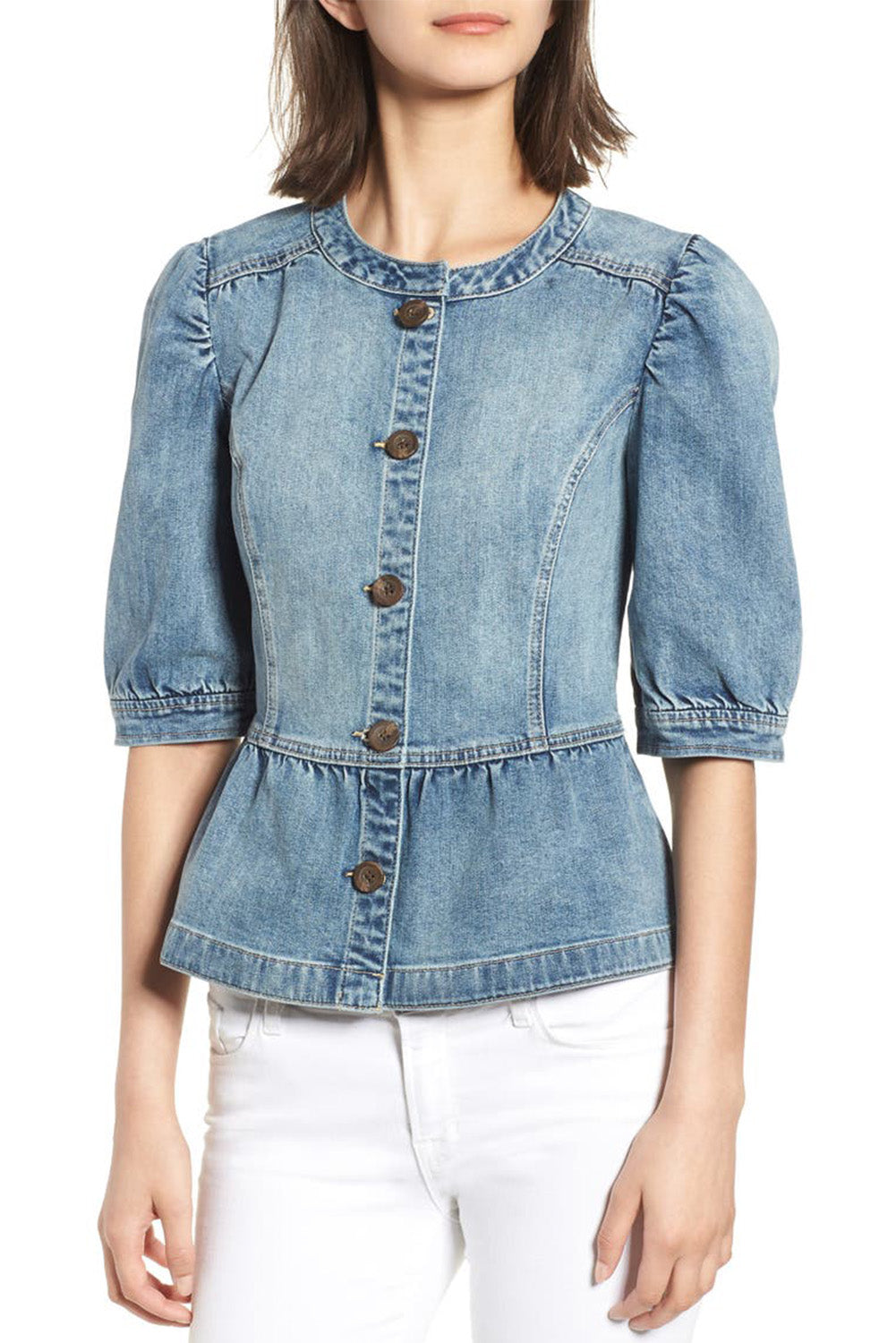 Sky Blue Half Sleeves Peplum Denim Jacket