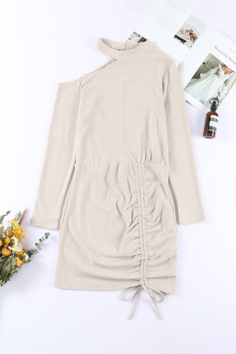 Brown Cut-out Shoulder Drawstring Long Sleeve Knit Dress