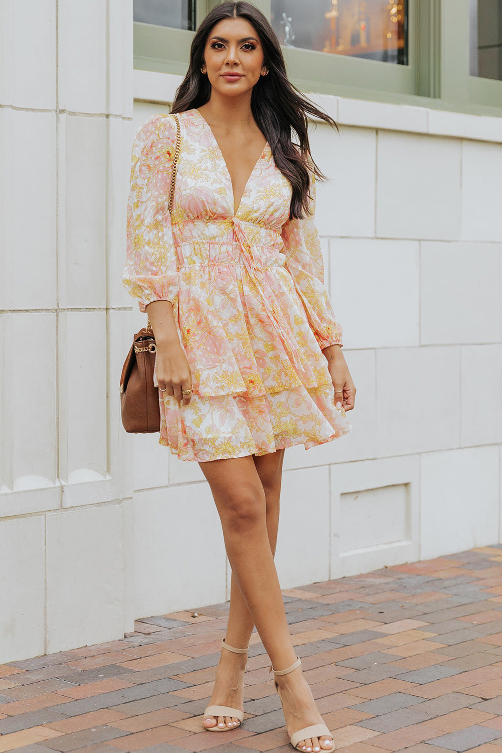 Yellow V Neck Long Sleeve Tiered Floral Dress