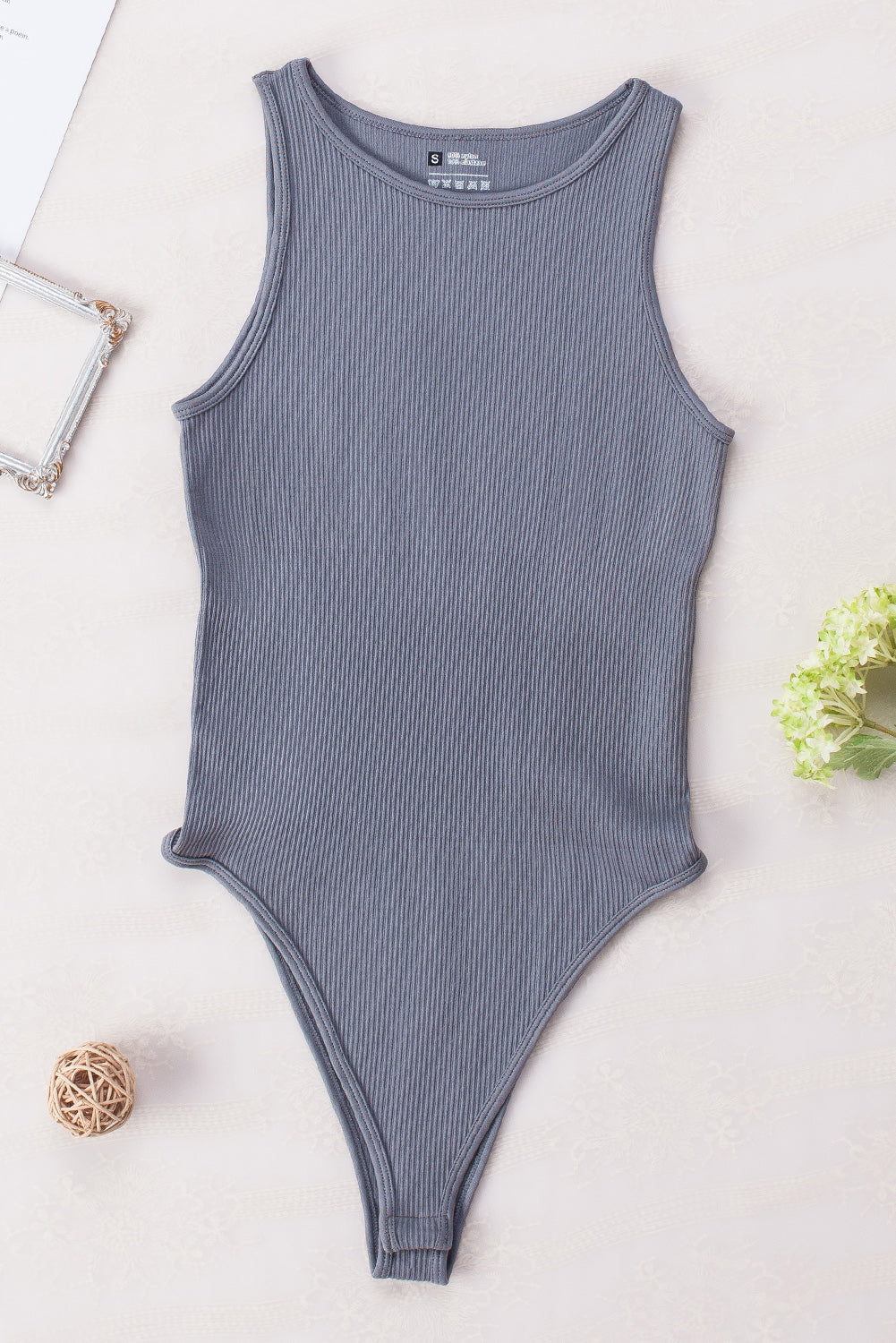 Black Solid Color Ribbed Sleeveless Sport Romper