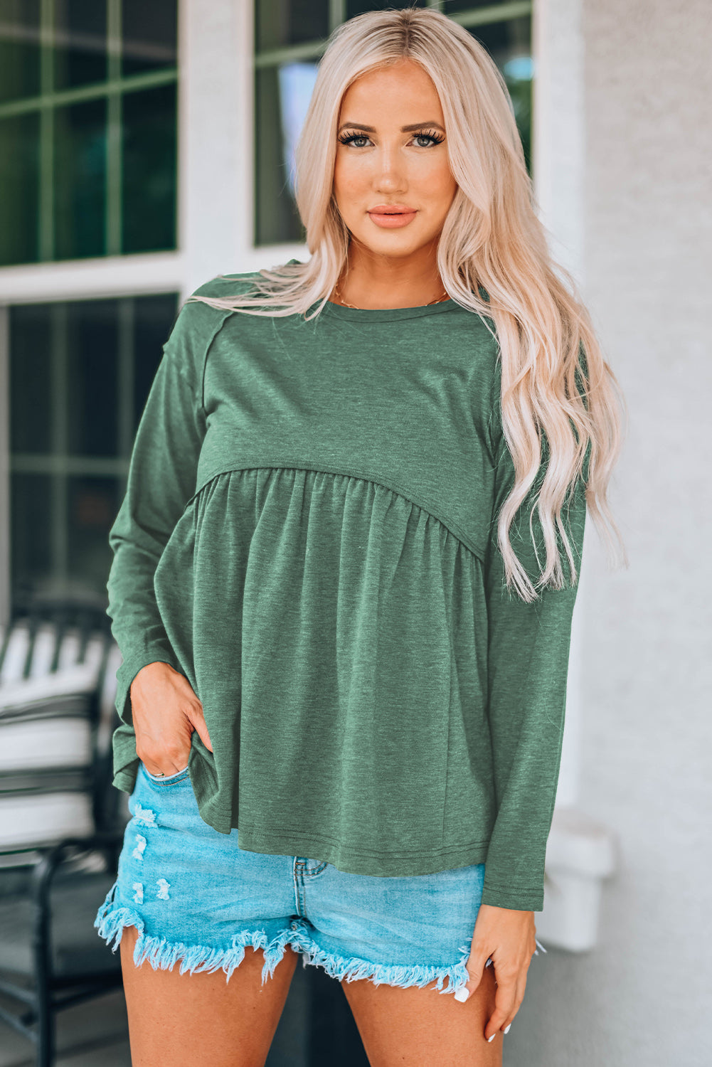 Green Long Sleeve Babydoll Top