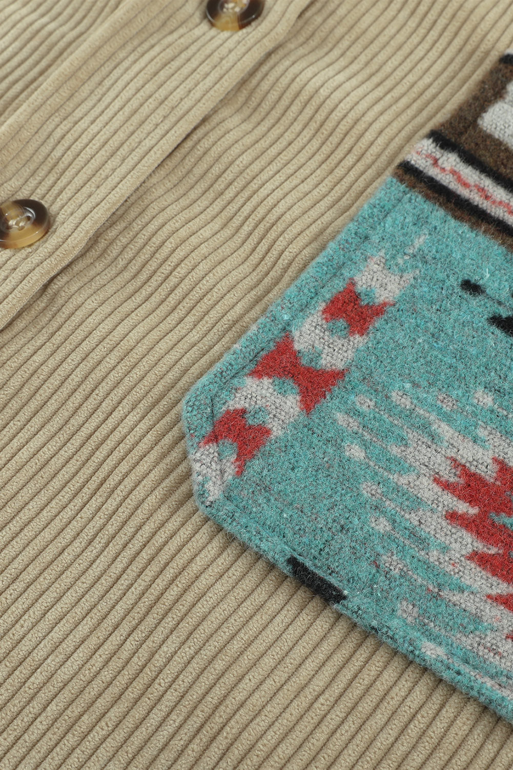 Gray  Aztec Pattern Sleeve Pocketed Corduroy Shacket
