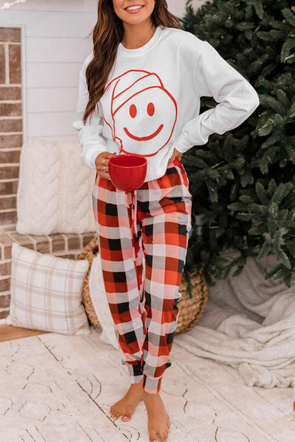 White Christmas Smile Face Print Top and Plaid Pants Lounge Set