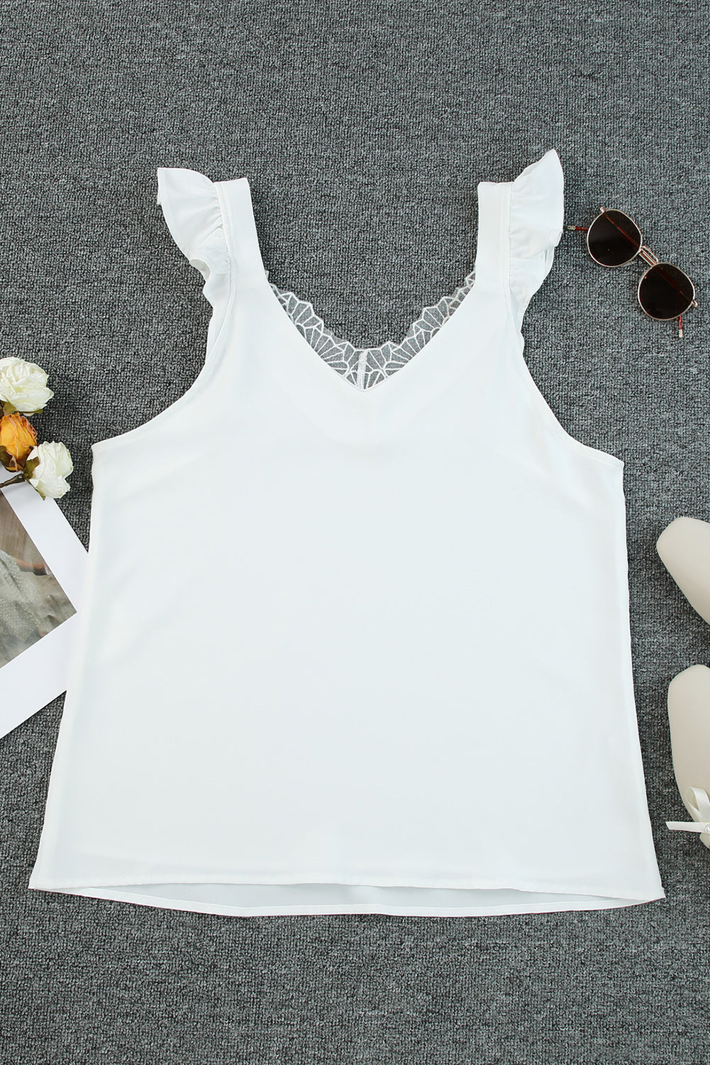 White V Neck Lace Ruffle Tank Top