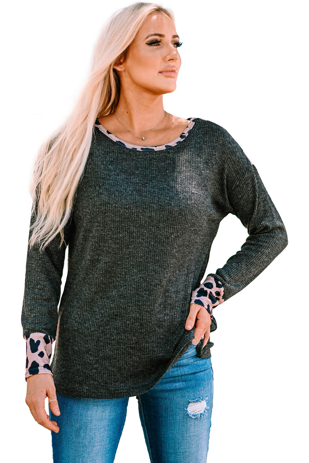 Black Leopard Contrast Trim Knit Top
