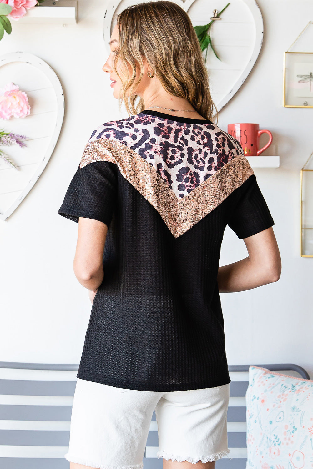 Black Leopard Sequin Waffle Knit Short Sleeve T-shirt