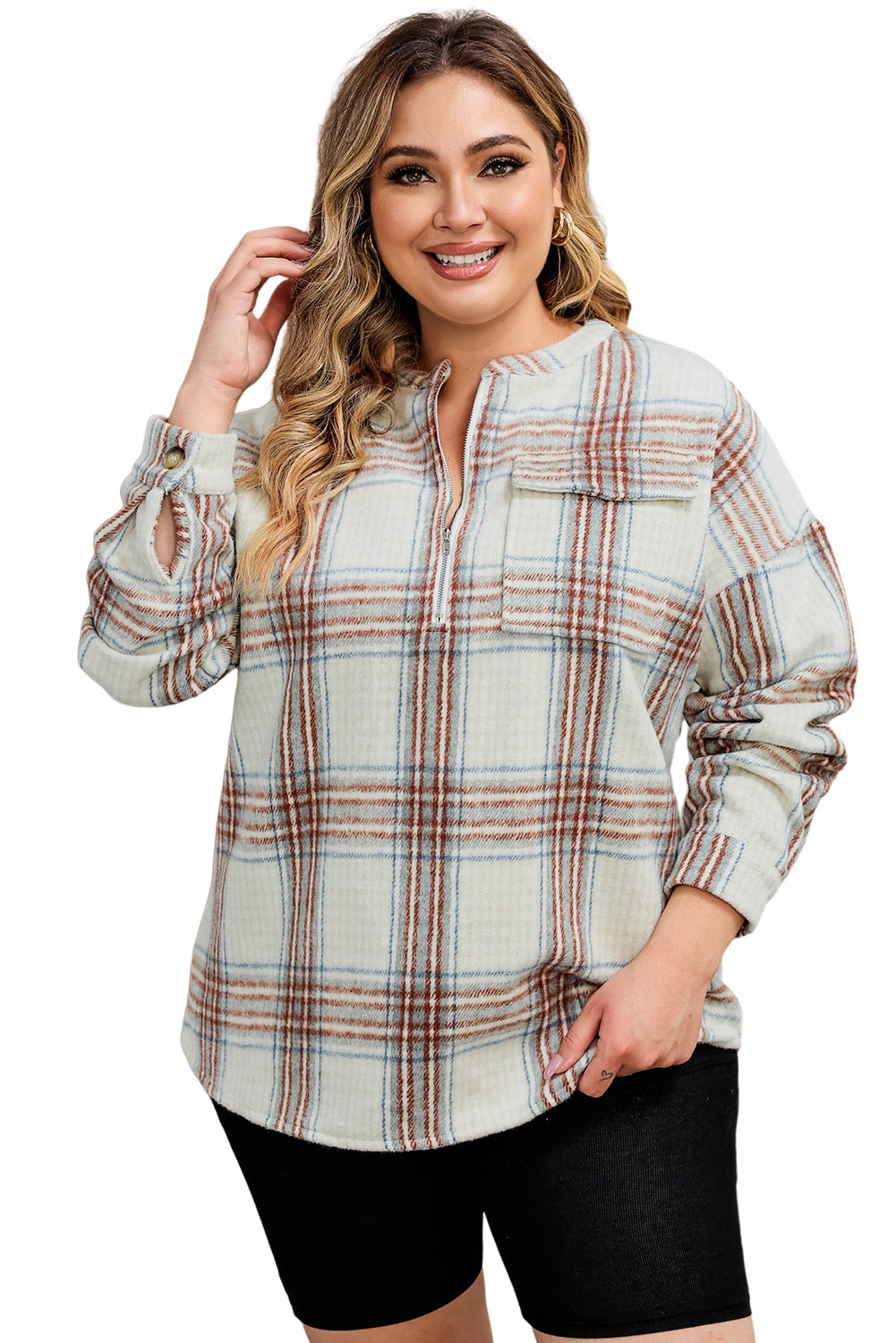 Beige Plus Size Plaid Half-Zipper Sweatshirt with Chest Pocket