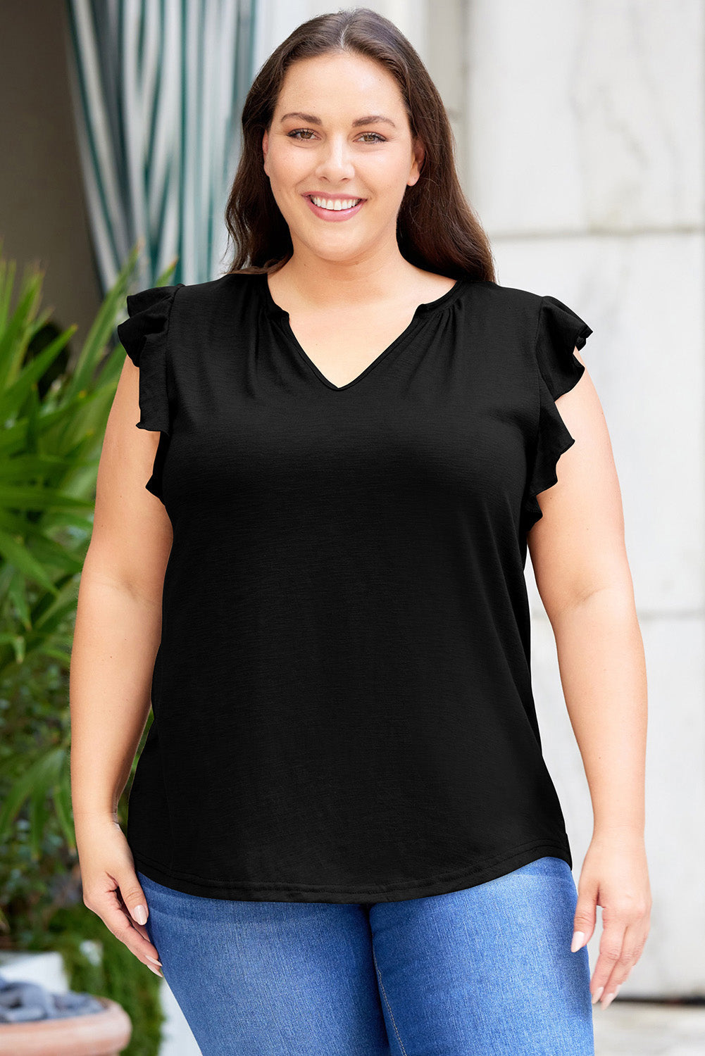 Black V Neck Ruffle Sleeve Plus Size Top