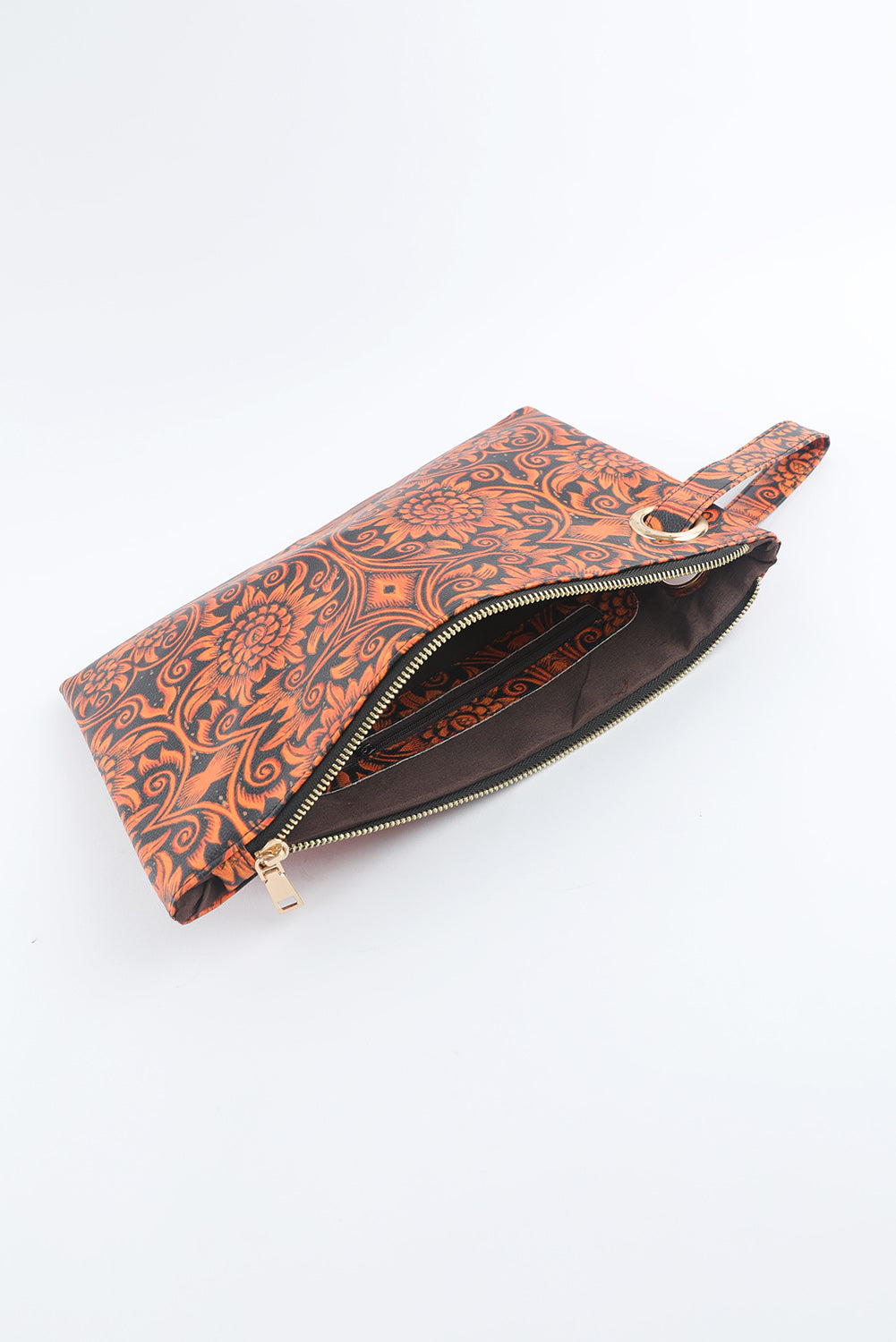 Red Vintage Floral Print PU Leather Wristlet Clutch